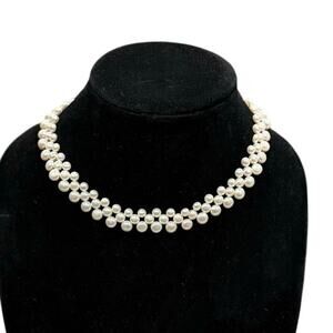 Vintage Cultured Pearl Woven Necklace 16.75” Silver Tone Clasp Bridal Jewelry